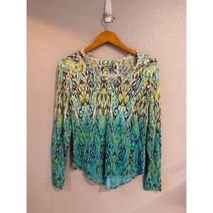Marmot Hoodie Women Medium Green Abstract Ikat Lightweight Thumbhole Pullover